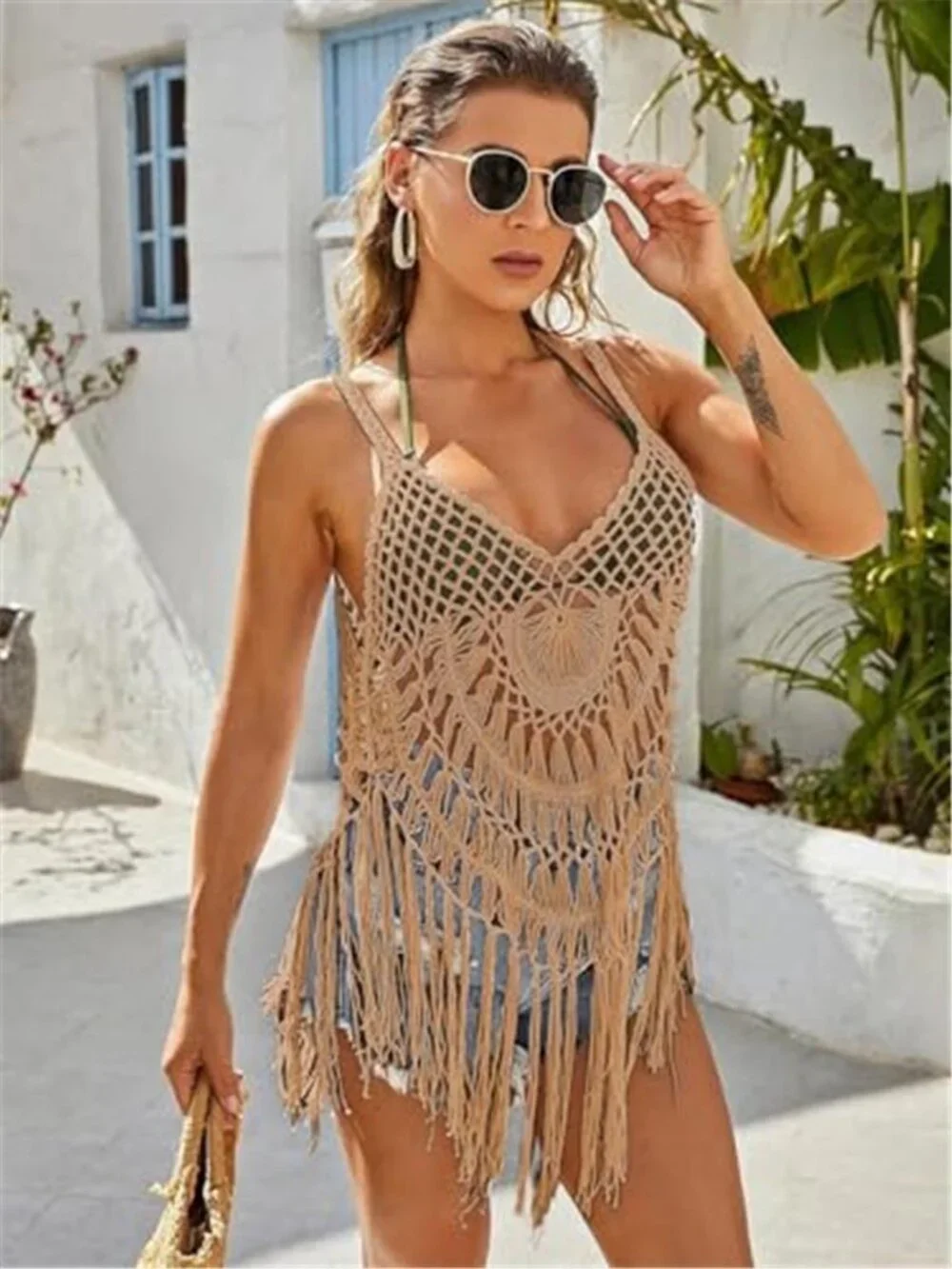 Crochet Swimsuit Cover Up Tassel Beach Dress Sheer Bikini Coverup V Neck